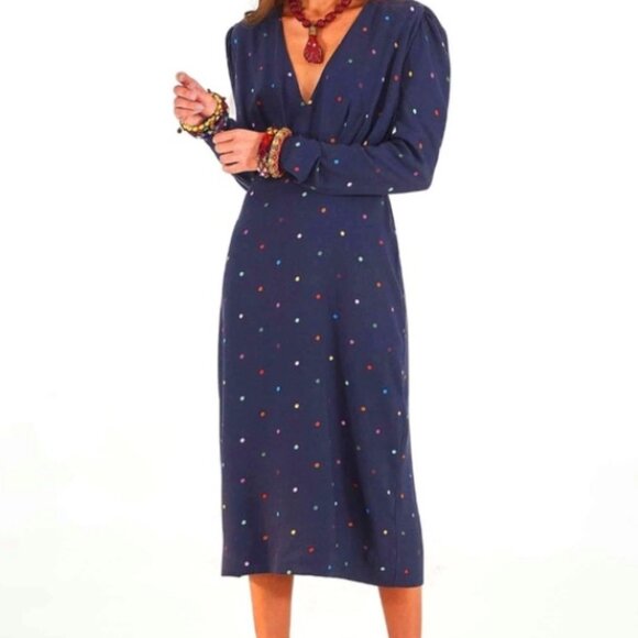 Farm Rio Lucy Dots V-Neck Dress Navy Colorful Long Sleeve Shift Size Small NWT - Picture 1 of 13